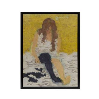 Artery8 Woman Putting on Her Stockings Bonnard Black Framed Canvas Art Print in Yellow | Size: W24 x H32