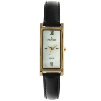 Peugeot Everyday Rectangular Glossy Leather Watch- 35x18MM in Black at Nordstrom