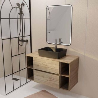 Aurlane Aurlane - Mueble De Ba&ntilde;o 100 Efecto Roble Lavabo Negro Rectangular Espejo Led 60x80