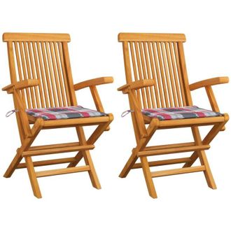 vidaXL Sillas De Jard&iacute;n 2 Uds Madera Teca Con Cojines A Cuadros Rojos Vidaxl