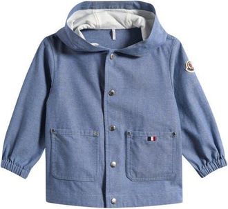 Moncler Kids Nur Cotton Chambray Hooded Jacket in Blue at Nordstrom, Size 18-24M