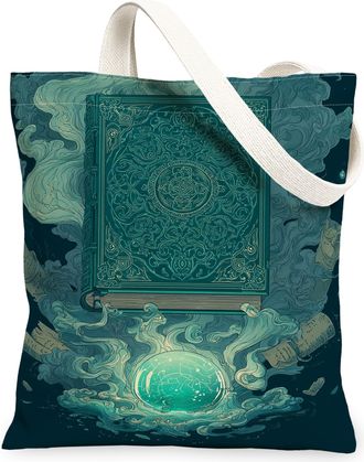 Generic Mystical Book Design Canvas Tote Bags, Art Pattern Reusable Grocery Bags, Lightweight Washable Shoulder Strap Tote for Tra, Teal, 13x15 Inch