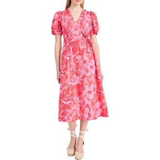 Donna Morgan Floral Puff Sleeve A-Line Midi Dress in Pink/Coral at Nordstrom Rack, Size 10