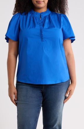 Sugarlips Ruffle Trim Cotton Poplin Shirt in Cobalt at Nordstrom, Size 1X