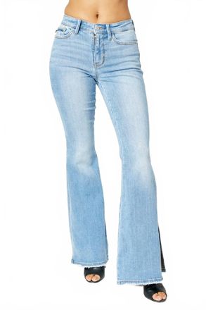 Judy Blue Mid Rise Raw Hem Slit Flare Jeans In Medium Wash