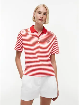 Tommy Hilfiger Womens Regular Fit Gold-Button Pique Polo - Fire Red / Ecru Stripe - XL
