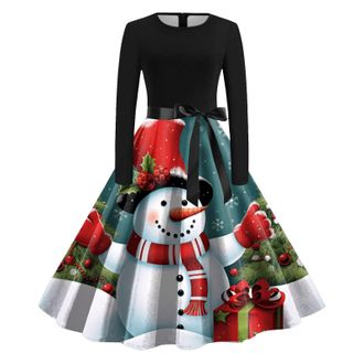 Generic Women 1950s Vintage Christmas Dress Christmas Print Long Sleeve O Neck Evening Party Prom Party Beach Evening Swing Print Dress Sexy Sleeveless A line