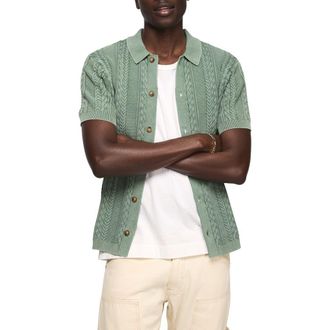 Lucky Brand Fisherman Knit Short Sleeve Button-Up Shirt in Frosty Spruce at Nordstrom, Size Xx-Large