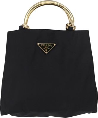 Prada Metal Handles Tote Tessuto Black Nylon Handbag (Pre-Owned)