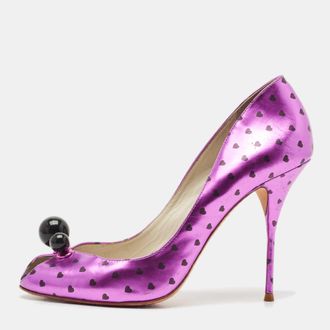 Sophia Webster Metallic Purple Heart Print Leather Loren Peep Toe Pumps