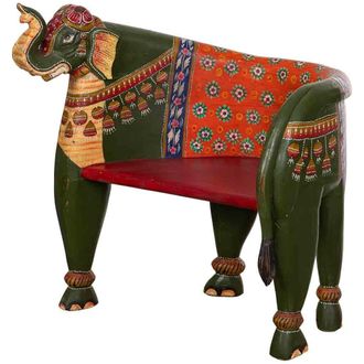Wanderlust Deco Banco De Madera De Elefante Pintado Multicolor, 89x80x92h Cm