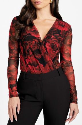 Marciano Passion Flower Mesh Bodysuit in Red/Black at Nordstrom, Size Medium