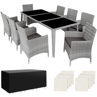TecTake Set de rat&aacute;n de 8 personas, sillas, cojines, mesa y fundas, gris claro