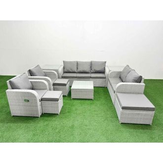 Fimous Pe Rattan Garden Furniture Set Adjustable Chair Sofa Double Love Seat 2 Seater Sofa Lounge Set Square Coffee Table 3 Stools 2 Side Table Light Grey