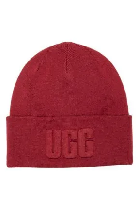 UGG Raised Logo Cuff Knit Beanie in Dark Cherry at Nordstrom Rack