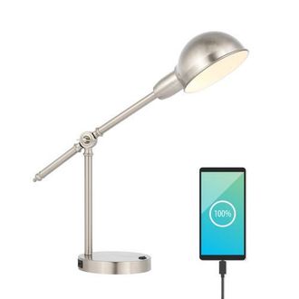 Jonathan Y Designs Curtis Vintage Industrial Iron Adjustable Dome Shade LED Task Lamp with USB Charging Port in Nickel at Nordstrom