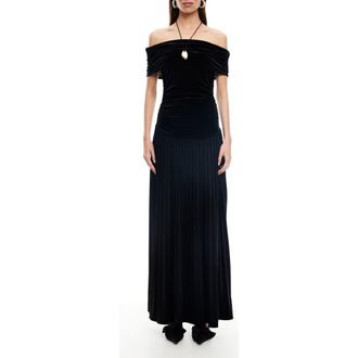 Lioness Field of Dreams Off the Shoulder Velvet Maxi Dress in Noir at Nordstrom, Size X-Large