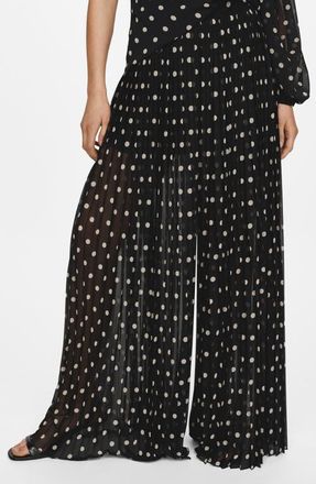 Mango Adela Polka Dot Pleated Chiffon Palazzo Pants in Black at Nordstrom, Size X-Small