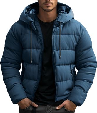 Generic Mens Puffer Jacket Winter Warm Coats Padded Quilted Jackets Full Zip Casual Loose Short Coat Zipper Pockets Windproof Detachable Hooded Jacket Solid C