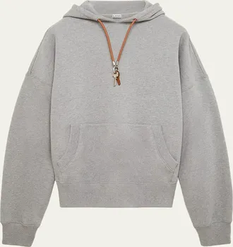 Loewe Mens Relaxed Fit Fleece Leather-Drawstring Hoodie