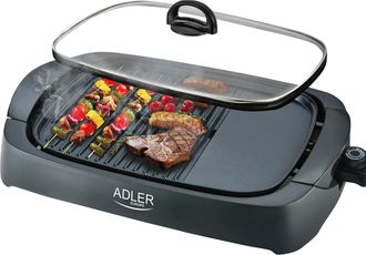 Adler Europe Grill 3000w El&eacute;ctrico Adler - Tapa De Vidrio - 2 Zonas De Cocci&oacute;n + Esp&aacute;tula