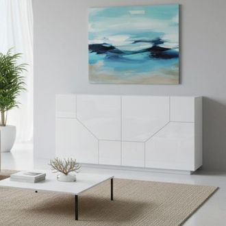 Dmora Dmora - Aparador Dmeron, Aparador De Cocina Con 4 Puertas, Buffet De Sal&oacute;n, 100% Made In Italy, Cm 200x43h86, Blanco Brillo