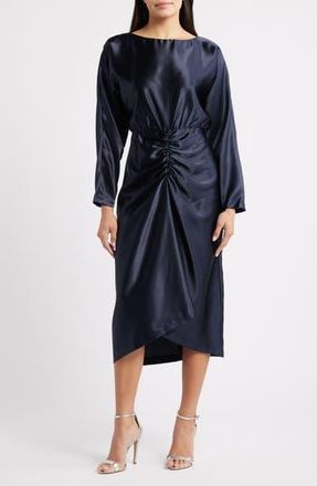 Julia Jordan Long Sleeve Satin Cocktail Midi Dress in Navy at Nordstrom Rack, Size 14