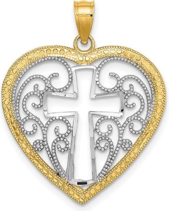 Diamond2Deal 10k Yellow Gold RhodiumCut-Out Beaded Filigree Heart Cross Charm
