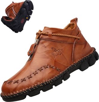 Generic Mens Solid Color Casual Boots, Western Ankle Boots Leather Casual Lightweight Hand Stitching Driving Shoes (Brown,10.5)