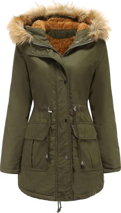 Generic Warm Cotton Parka Jacket Womens Winter Coat With Faux Fur Hood Sherpa Lining Trendy Military Style Outerwear Army Green X-Large