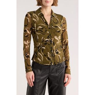 Sanctuary Long Sleeve Mesh Button-Up Shirt in Green Olive Dream at Nordstrom Rack, Size X-Small