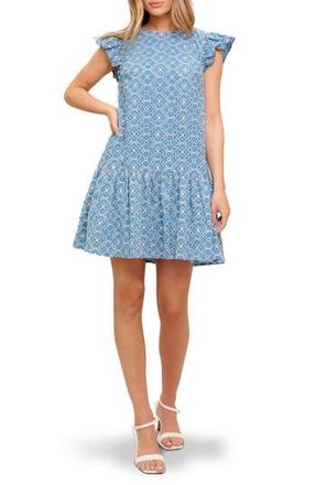 Flying Tomato Embroidered Eyelet Cap Sleeve Drop Waist Dress in Blue/Ivory at Nordstrom Rack, Size Medium