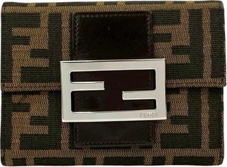 Fendi Brown Leather Canvas Wallet (Tri-Fold) (Pre-Owned)