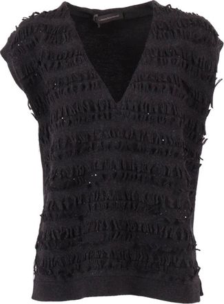Lorena Antoniazzi Sleeveless Tops, female, Black, Size: XS Wool and Sequins Fringed Knit Vest