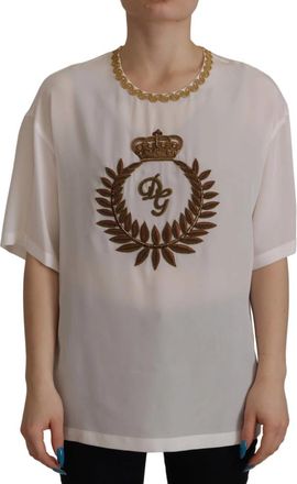 Dolce & Gabbana Elegante Zijden Blouse met Gouden Kroon Borduursel - Dames - T-shirts - Wit - 2XS - Tops