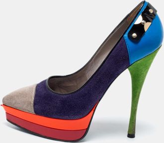 Versace Multicolor Suede And Leather Pointed Toe Platform Pumps