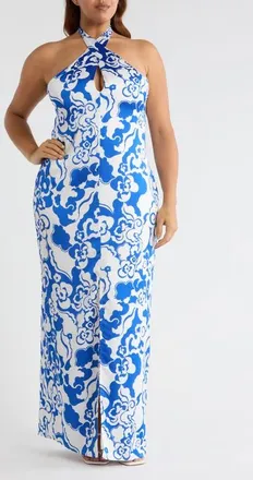 Sugarlips Helsinki Floral Tilda Satin Halter Maxi Dress in White-Cobalt at Nordstrom, Size 3X