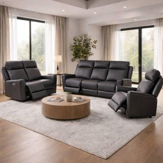 Aspire Home Accents Rivington Real Leather Power Recliner 3+2+1 Sofa Set with USB Charging in Charcoal