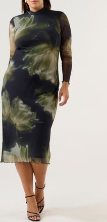 Estelle Peace Lily Mock Neck Long Sleeve Mesh Midi Dress in Black/Moss at Nordstrom, Size 16W