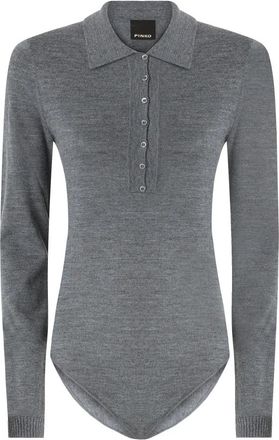 Pinko Fijngebreide top met gespreide kraag - Dames - Bodies - Grijs - S - Wol - Tops