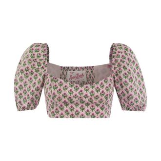MC2 Saint Barth Blouses, female, Pink, Size: XS Floral Print Puff Sleeve Crop Top