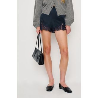 Reformation Fern Lace Trim Satin Shorts in Midnight at Nordstrom, Size X-Large