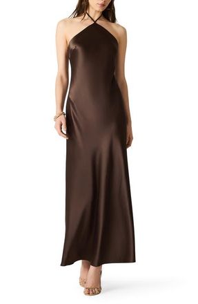 Steve Madden Floral Halter Satin Maxi Dress in Chocolate at Nordstrom, Size 10