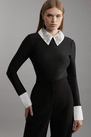 Karen Millen Bandage Embellished Collar Knit Top in Black at Nordstrom, Size X-Small