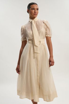 Karen Millen Womens Organdie Tie Neck Woven Midi Dress - White Linen - Size 12 UK