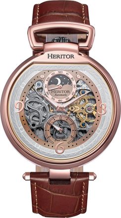 Heritor Lincoln Leather-Band Skeleton Watch with Moon Phase