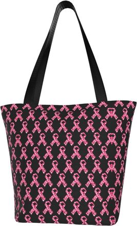AOOEDM Breast Cancer Ribbon Pattern Reusable Tote Bag Women Casual Handbag Shoulder Bags for Shopping Groceries Travel Outdoors