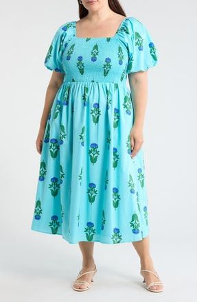 Sugarlips Maray Floral Smocked Midi Dress in Blue Green Multi at Nordstrom, Size 1 X