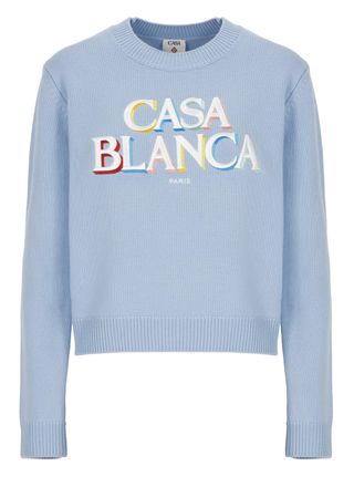 Casablanca Light Blue Wool Knit Sweater with Embroidered Logo