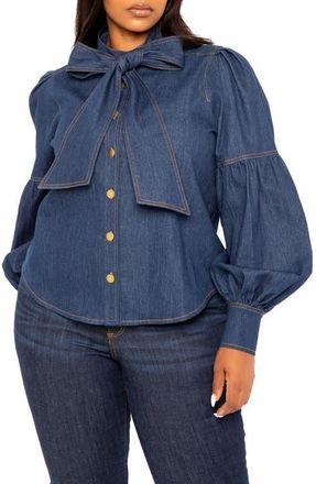 Buxom Couture Bow Neck Puff Shoulder Denim Shirt in Denim Blue at Nordstrom, Size 1 X